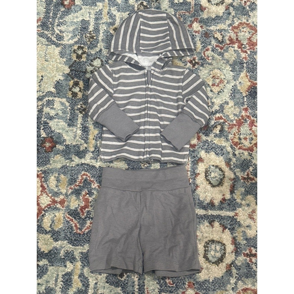 Hanes Hoodie Shorts Set Boys 0-6M Gray Striped Ultimate Baby Flexy EUC